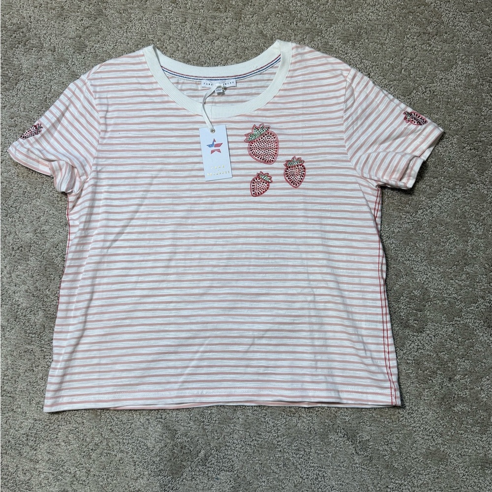 Pink & White Striped Tee with Rhinestone Strawberry Appliqués